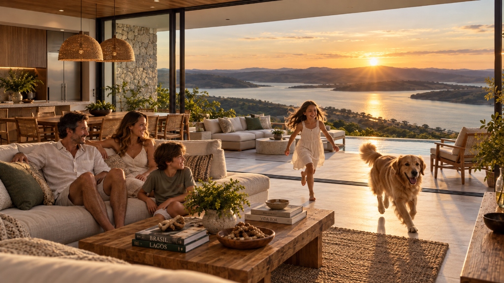 Família reunida na sala com varanda aberta e vista panorâmica para o pôr do sol no Lago de Furnas